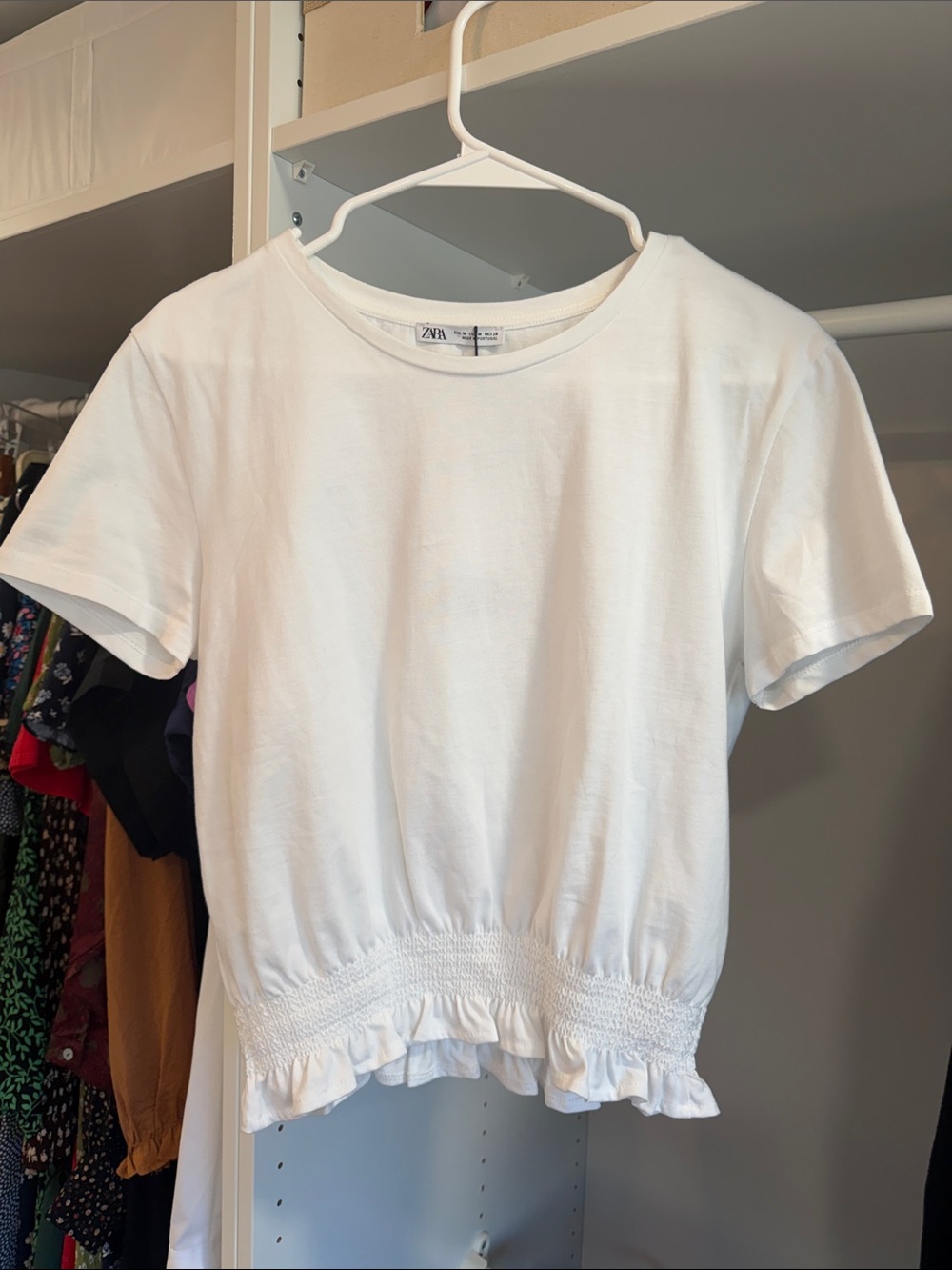 Zara White Short Sleeve Smocked Hem Ruffle Top